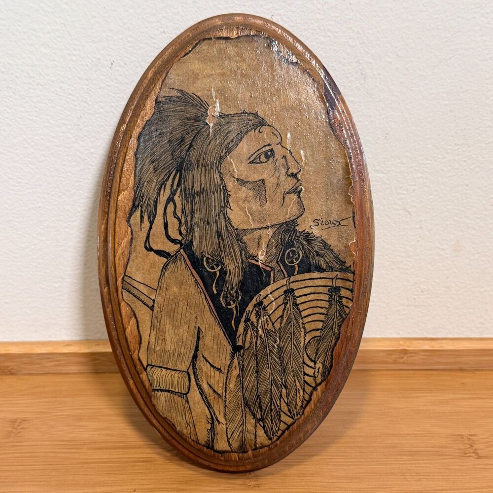 Vintage Sioux Native American Portrait Oval Wood Wall Plaque Western Decor